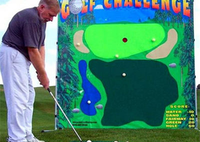 The vinyl canvas backdrop, which is designed to look like a golf course, is Velcro receptive, so the special Velcro practice golf balls stay right where you hit them