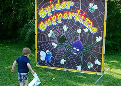 Spider Suppertime lets the player test his or her skill by catapulting insects into spider's web.