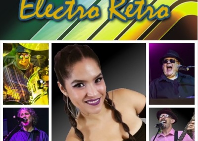 Electro Retro Band picture with individual portraits of each performer in the band. One woman and four men with instruments.